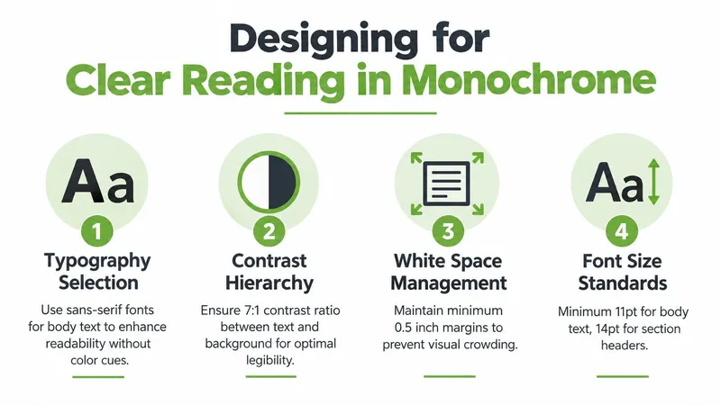 An infographic titled Designing for Clear Reading in Monochrome illustrating four tips for high-contrast typography and design.