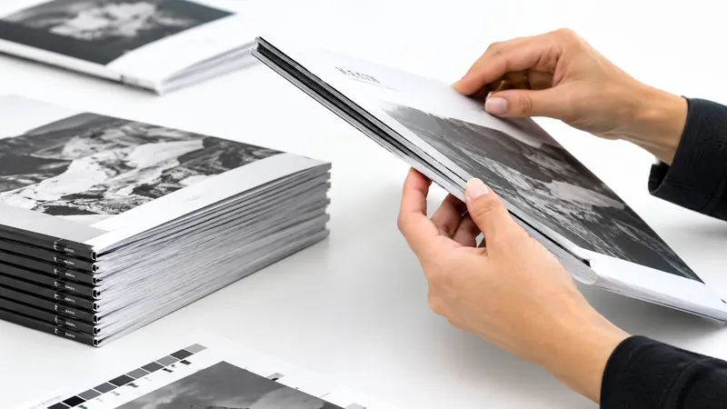 A person holding a black and white booklet while a stack of identical booklets sits nearby.