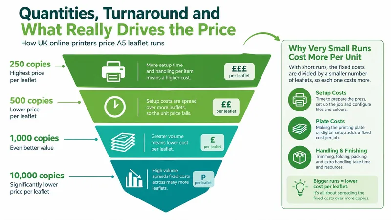 A funnel infographic explaining how print order quantities impact the unit price of A5 leaflets.
