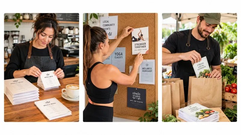 A collage showing business owners handing out professional A5 leaflets to promote local services and farm products.