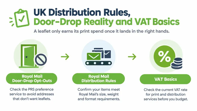 An infographic showing the three key steps for successful UK door-drop leaflet distribution including opt-outs, rules, and VAT.
