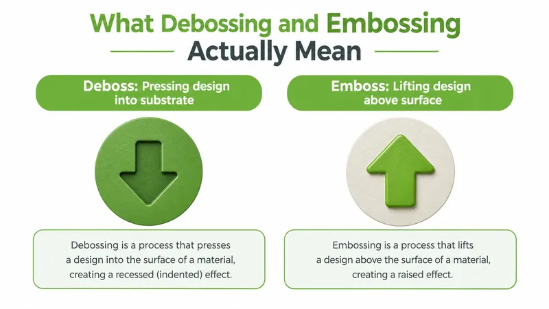 An infographic defining debossing as pressing a design into a material and embossing as lifting a design.
