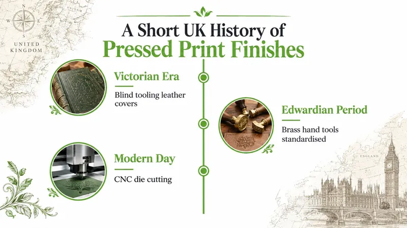 A timeline infographic detailing the history of pressed print finishes in the UK from Victorian to modern times.