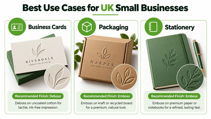 A visual guide illustrating business card, packaging, and stationery examples to show deboss versus emboss printing techniques.