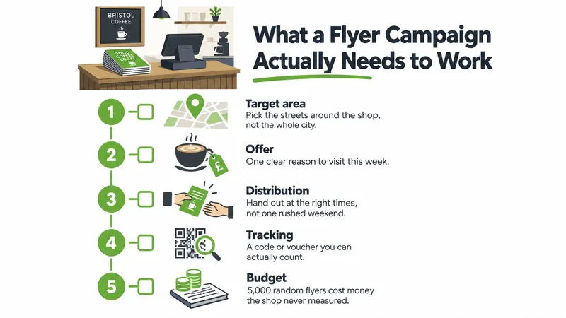 An infographic titled What a Flyer Campaign Actually Needs to Work listing five key steps for success.