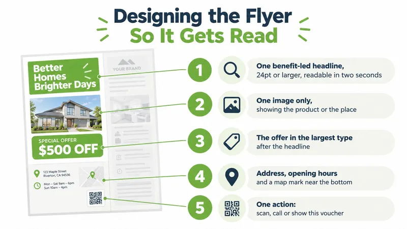 An infographic showing five design tips for creating effective marketing flyers that capture reader attention quickly.