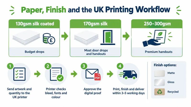 An infographic detailing the paper types, finishes, and the four-step workflow for UK printing services.