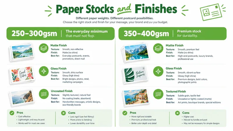 An infographic showing paper stock weights and finishes for printing postcards, comparing everyday and premium options.