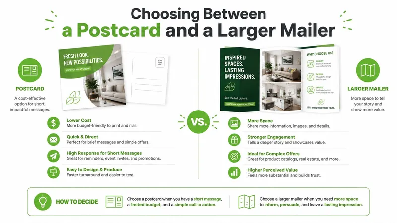 An infographic comparing the benefits of using direct mail postcards versus larger mailers for marketing campaigns.