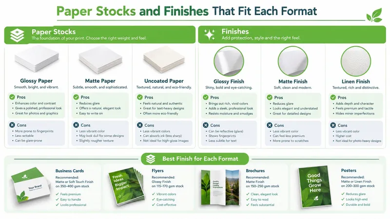 An infographic showing different types of paper stocks, finishes, and their recommended applications for printed materials.