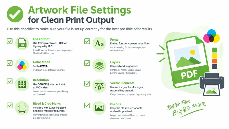 A checklist infographic titled Artwork File Settings for Clean Print Output, showing requirements for high-quality printing files.