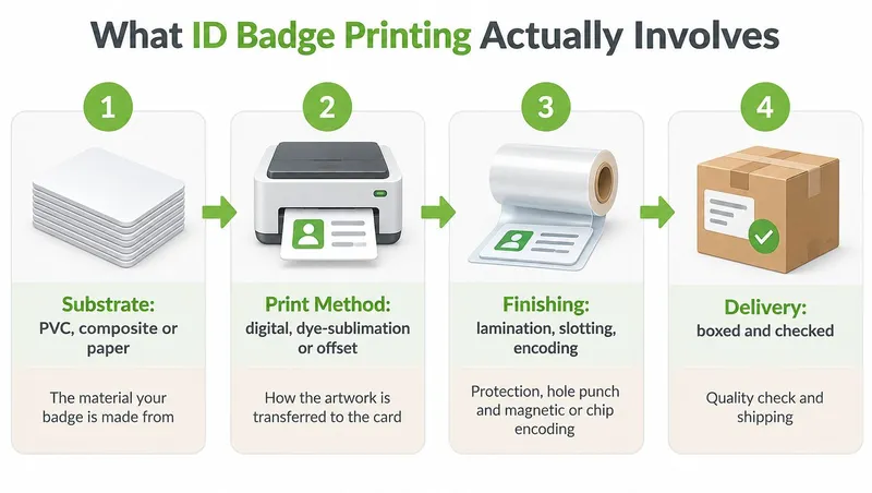 A four-step infographic illustrating the ID badge printing process from material substrate to final delivery.