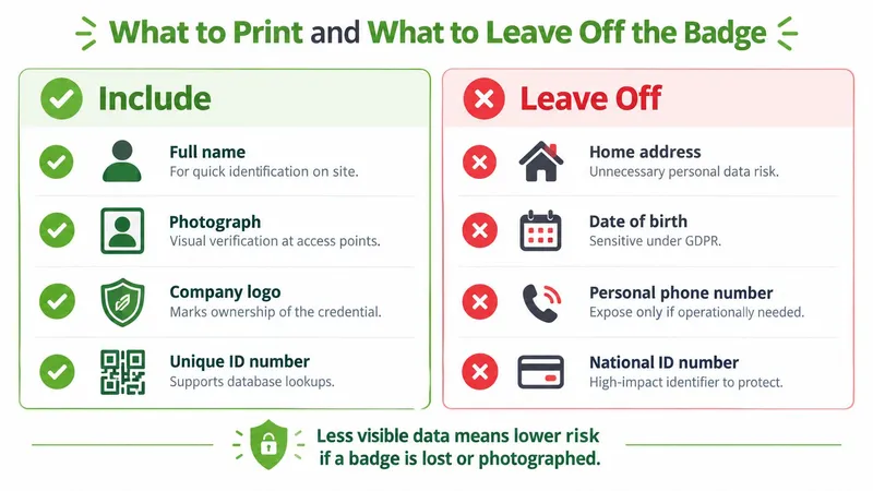 An infographic showing recommended and discouraged information to include on professional employee identification badges for security.