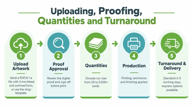 A 5-step infographic illustrating the business card printing process from file upload to final delivery.
