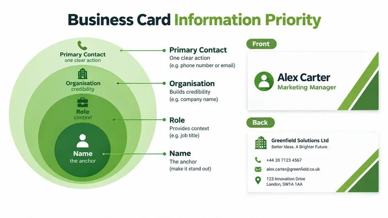 A diagram illustrating the hierarchy of essential information to include on professional business cards.