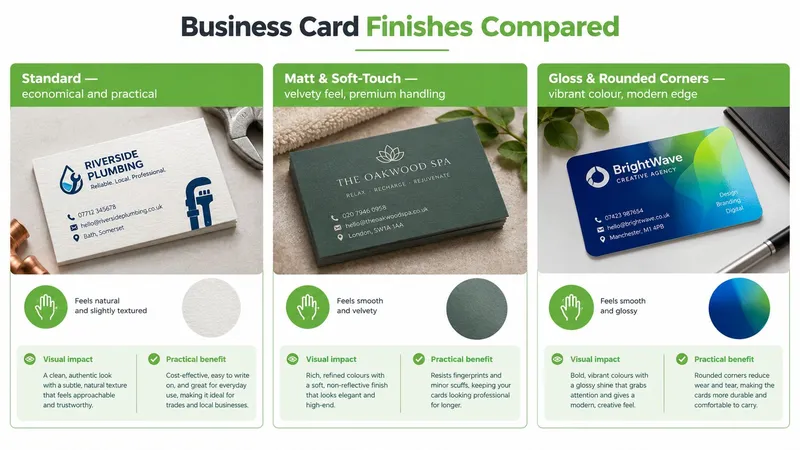 A comparison chart showing three types of business card finishes: Standard, Matt and Soft-Touch, and Gloss.