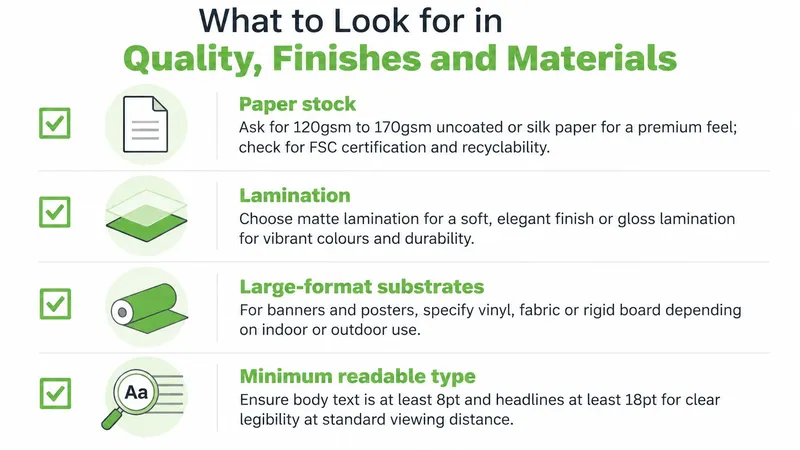 A checklist infographic detailing key factors for quality printing, including paper stock, lamination, substrates, and typography.