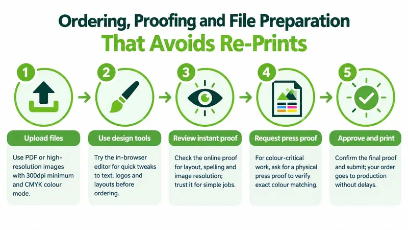 A five-step infographic showing the process of file preparation, proofing, and ordering for professional printing services.