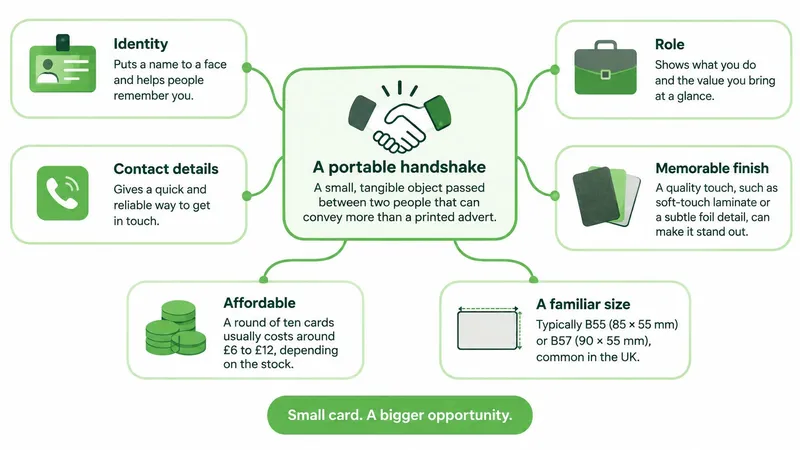 An infographic diagram explaining the six key benefits and features of professional business cards.