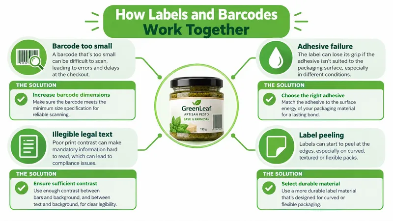 An infographic titled How Labels and Barcodes Work Together showing common label problems and their solutions.