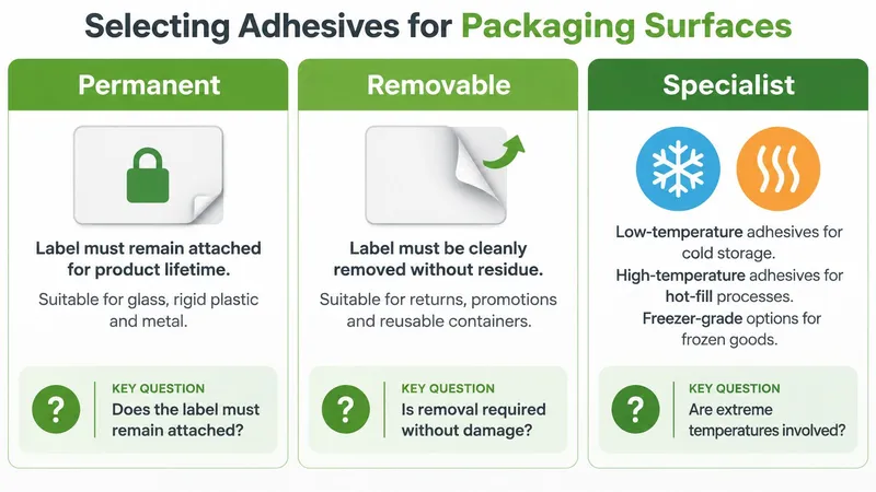 A chart illustrating the three main types of adhesives for product labels: permanent, removable, and specialist.
