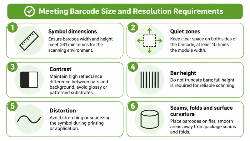 A helpful infographic outlining six essential requirements for ensuring barcode size and resolution for reliable scanning.