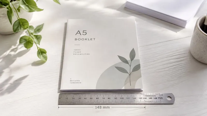 A clean A5 booklet mockup placed on a white wooden table next to a ruler and plant.
