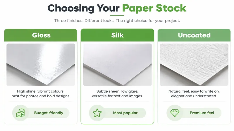 A comparison guide for printing paper stocks: Gloss, Silk, and Uncoated, describing their finishes and usage.