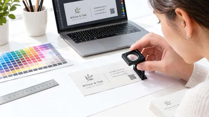 A graphic designer examines the quality of printed business cards with a magnifying glass at a desk.
