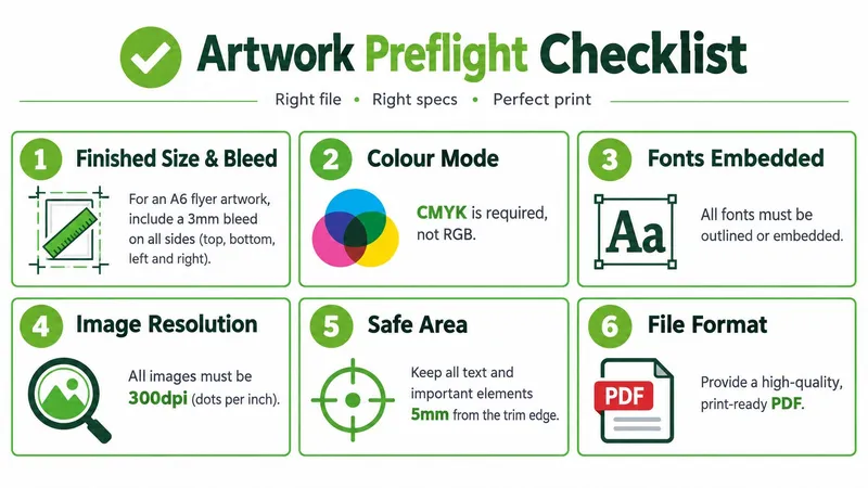 An infographic checklist for professional print design, highlighting essential requirements for a high-quality finished flyer.