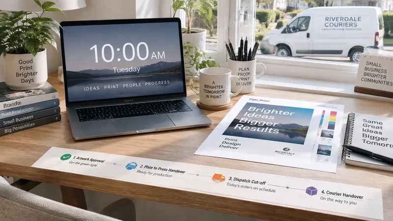 A professional workspace featuring a laptop, print proofs, and a courier delivery van visible outside the window.