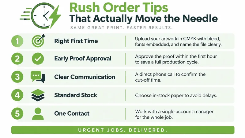 A list of five essential tips for printing rush orders including file preparation, proofing, and clear communication.