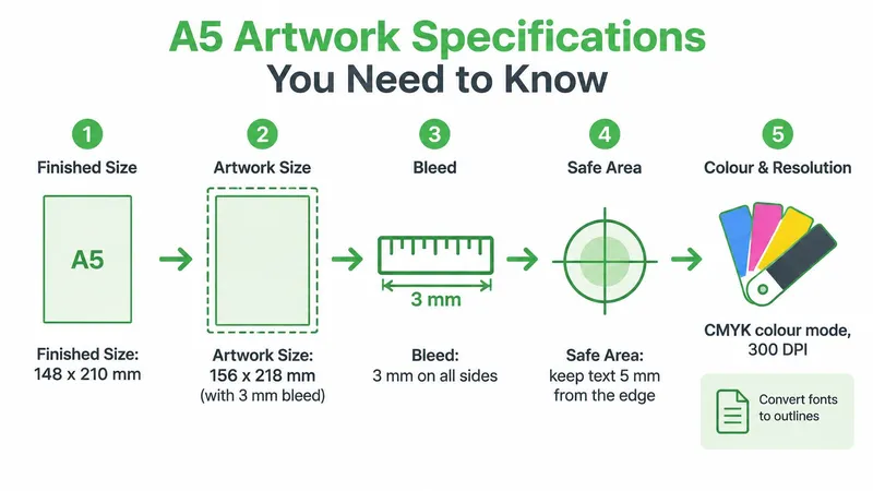 A visual guide explaining A5 leaflet printing specifications including finished size, bleed, safe area, and color requirements.
