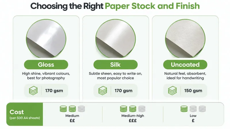 An infographic showing the differences in paper types including gloss, silk, and uncoated with cost and gsm details.