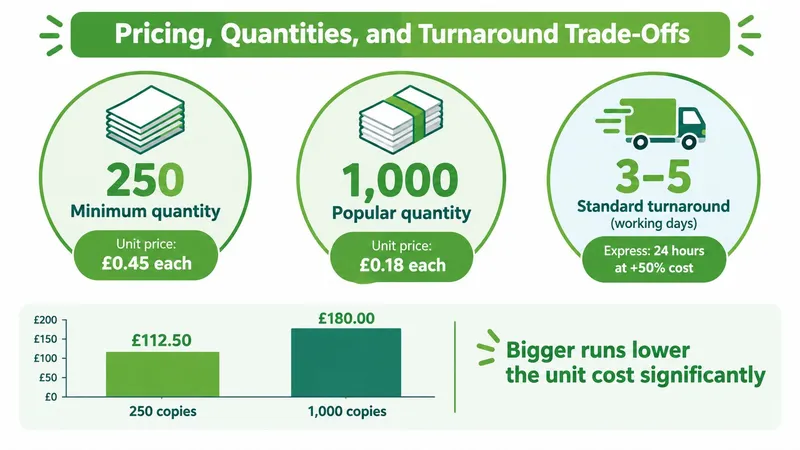 An infographic showing pricing and turnaround trade-offs for leaflets, comparing costs for 250 and 1,000 units.